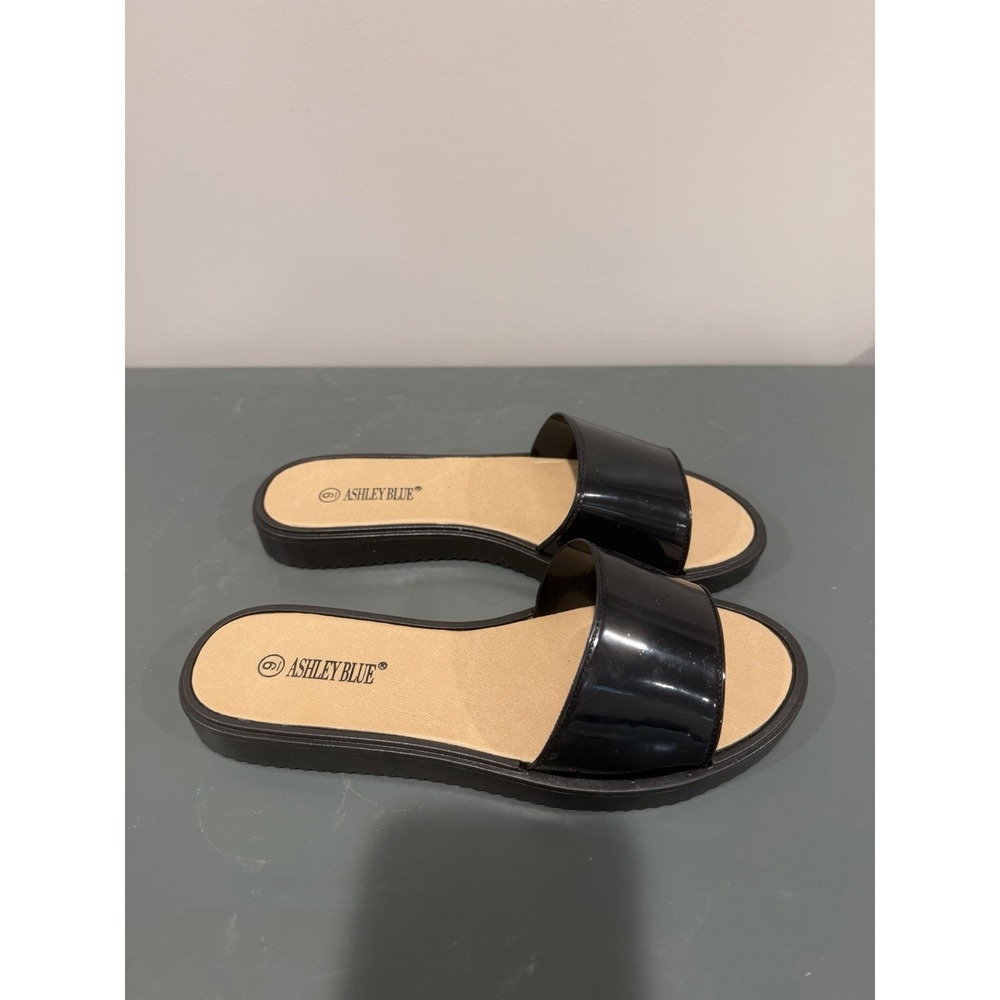 Ashley Blue Black Faux Patent Leather Slip On Sandals Slides Womens Size 9 025 - Picture 2 of 5
